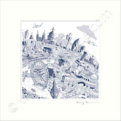 Square Mounted Art Print - London Skyline - Blue (Signed)