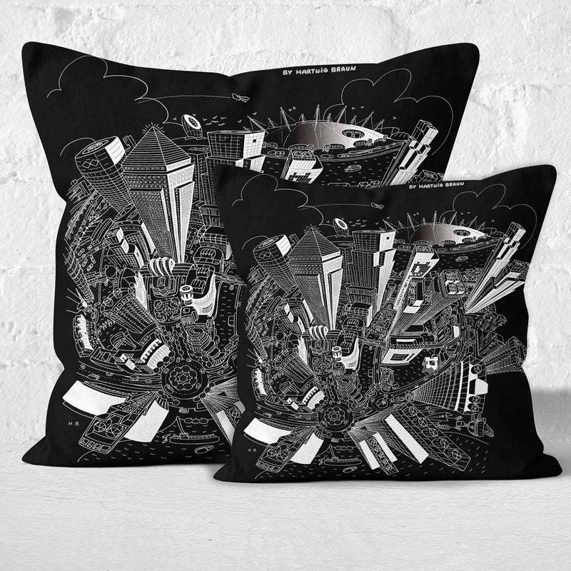 Throw Cushion - London, Canary Wharf in White on Black