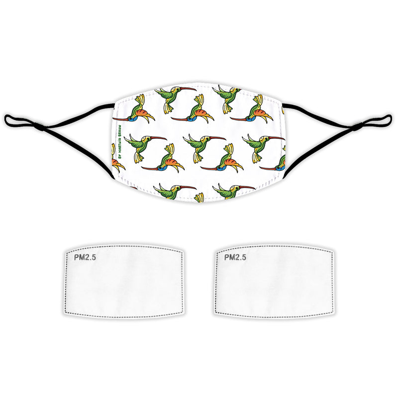 Face Mask With Filters - Hummingbirds Design on White