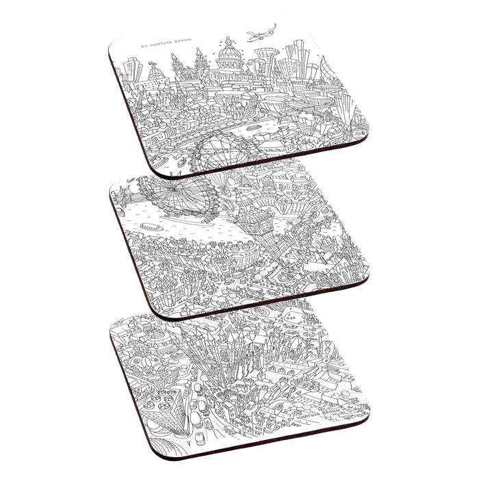 Set of 6 Melamine Coasters - London in Line Drawing