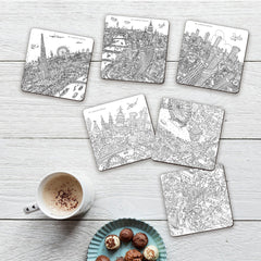 Set of 6 Melamine Coasters - London in Line Drawing