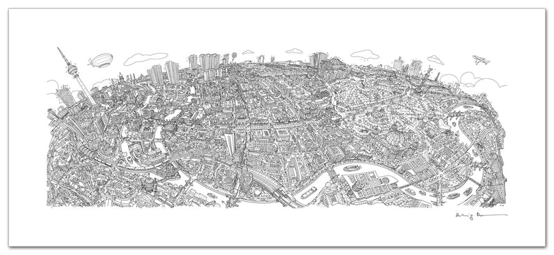 Berlin Looking South Line Drawing - Panoramic Art Print 60 x 25 cm (Limited, Signed)