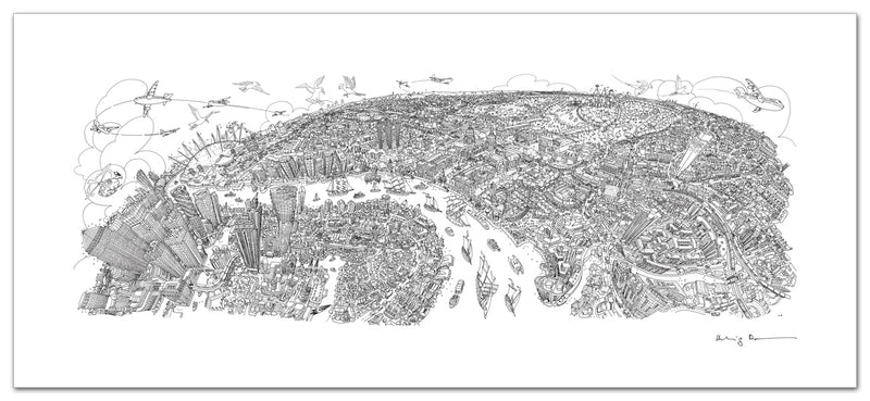 Greenwich to Canary Wharf Line Drawing - Panoramic Art Print 60 x 25 cm (Limited, Signed)