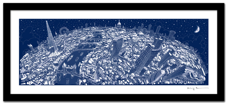 London Looking West White on Blue - Panoramic Art Print 60 x 25 cm (Limited, Signed)