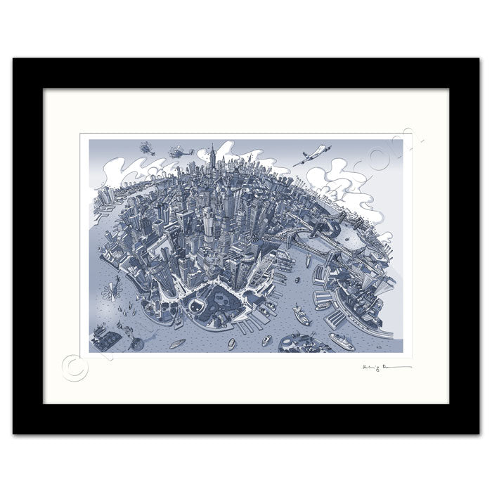 Mounted Art Print 14 x 11 inch - New York, Manhattan - in Graphic Blue (Landscape, Signed)