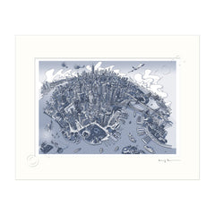 Mounted Art Print 14 x 11 inch - New York, Manhattan - in Graphic Blue (Landscape, Signed)