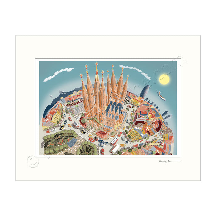 Mounted Art Print 14 x 11 inch - Barcelona Sagrada Familia - Pastel Shades (Landscape, Signed)