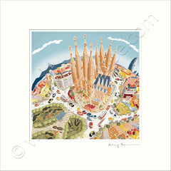 Square Mounted Art Print - The Sagrada Familia, Barcelona - Pastel Shades (Signed)