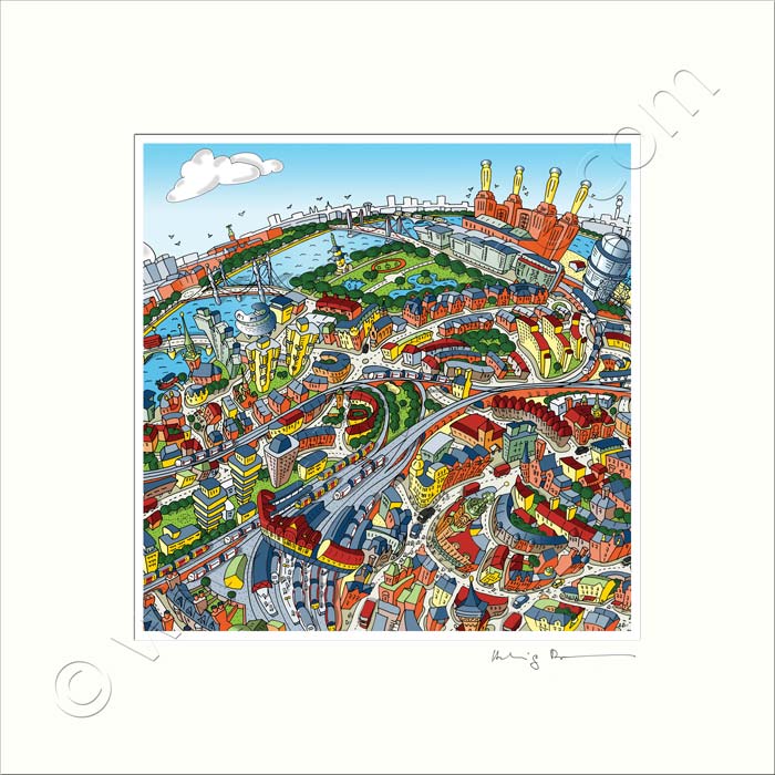Square Mounted Art Print - Battersea & Clapham Junction - Full Colour (Signed)