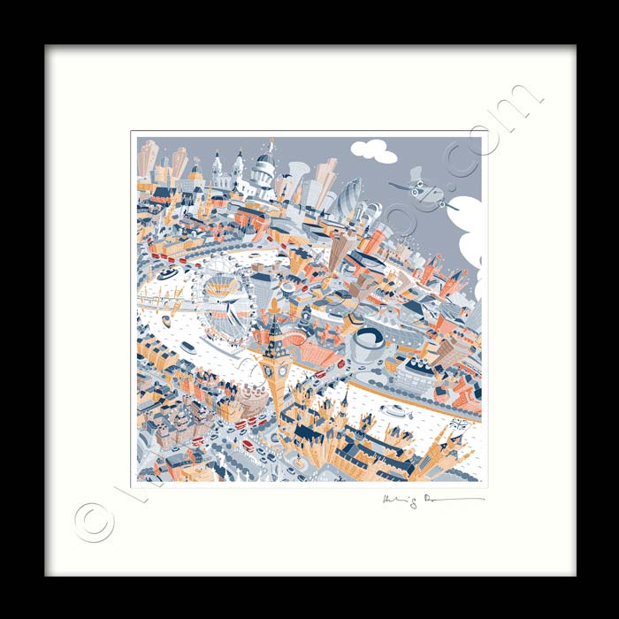 Square Mounted Art Print - London Skyline - Retro Colours (Signed)