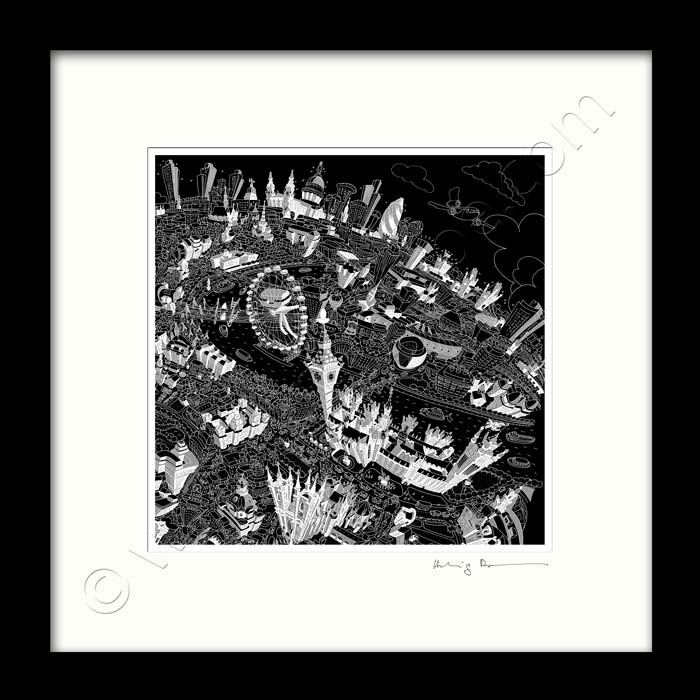 Square Mounted Art Print - London Skyline - Black & White (Signed)