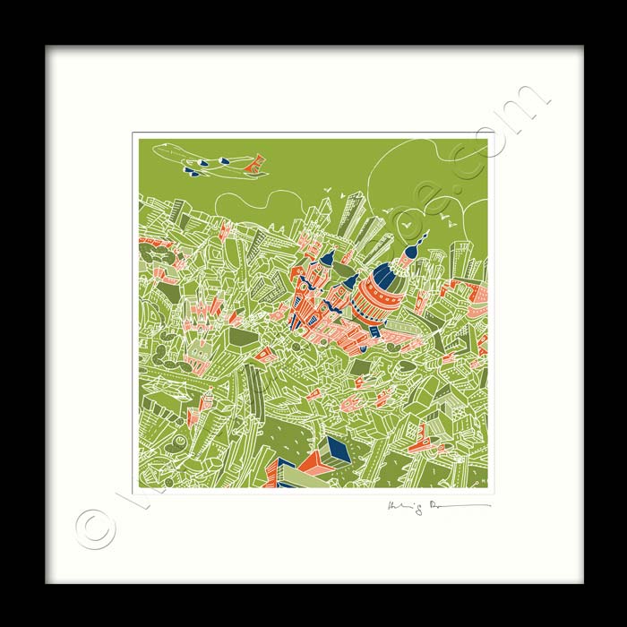 Square Mounted Art Print - The City of London - On Green (Signed)