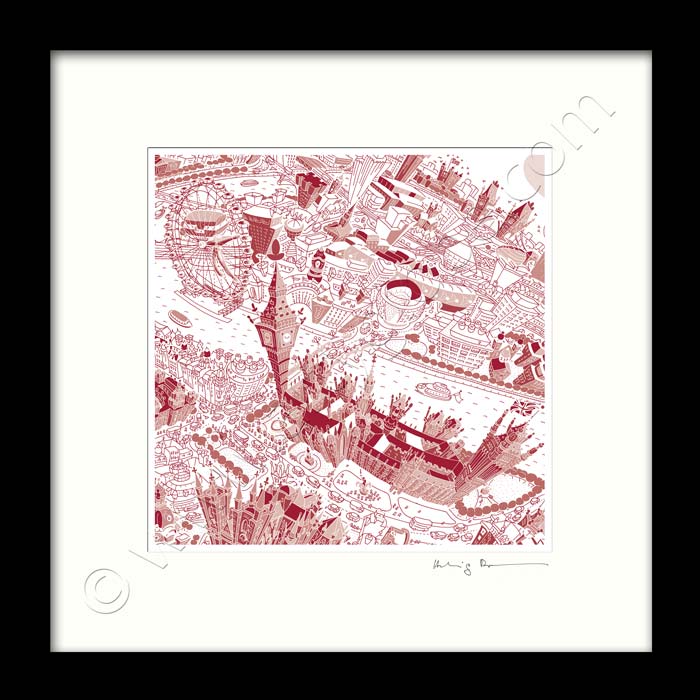 Square Mounted Art Print - London Around Westminster - Red (Signed)