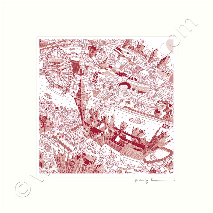 Square Mounted Art Print - London Around Westminster - Red (Signed)