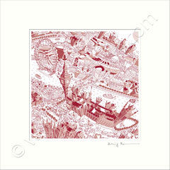 Square Mounted Art Print - London Around Westminster - Red (Signed)