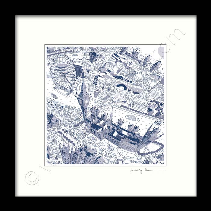 Square Mounted Art Print - London Around Westminster - Blue (Signed)