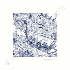 Square Mounted Art Print - London Around Westminster - Blue (Signed)