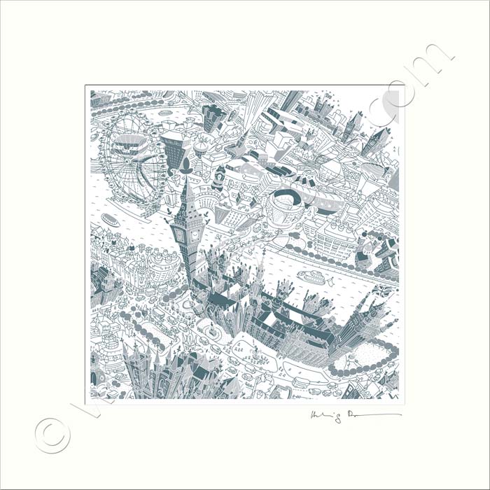 Square Mounted Art Print - London Around Westminster - Teal (Signed)