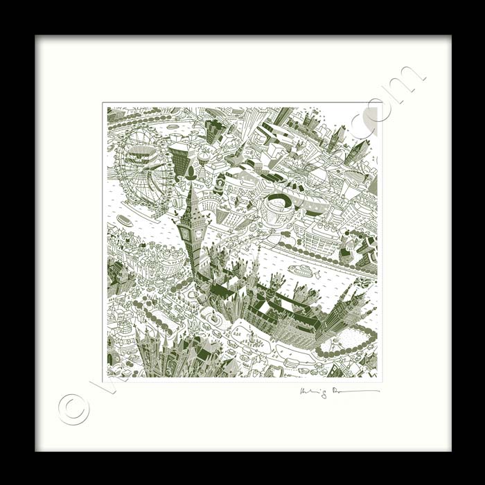 Square Mounted Art Print - London Around Westminster - Green (Signed)