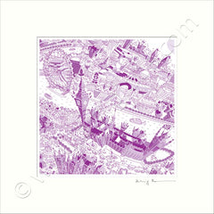 Square Mounted Art Print - London Around Westminster - Purple (Signed)