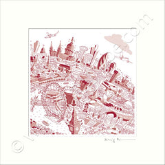 Square Mounted Art Print - London Skyline - Red (Signed)