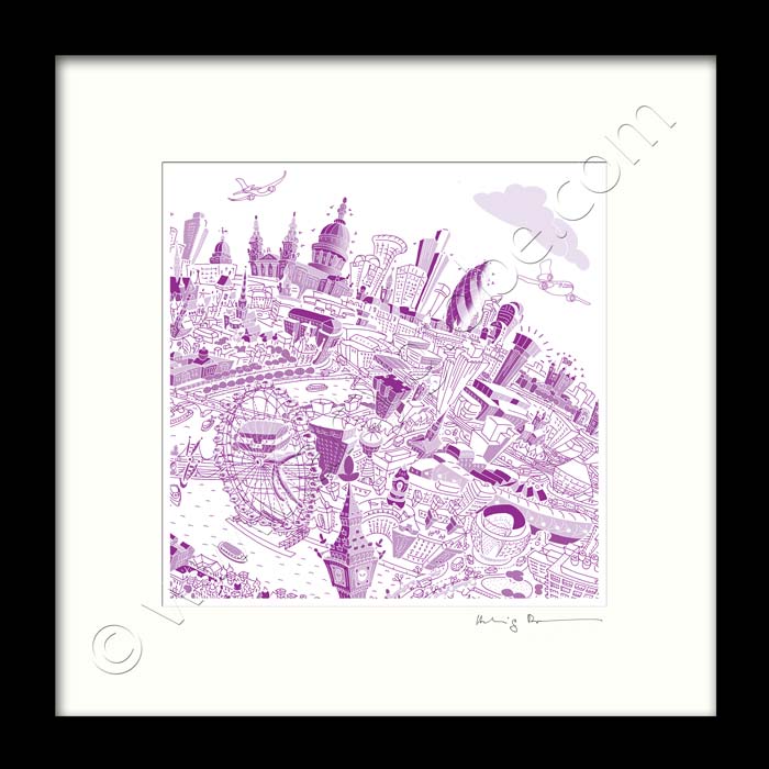 Square Mounted Art Print - London Skyline - Purple (Signed)