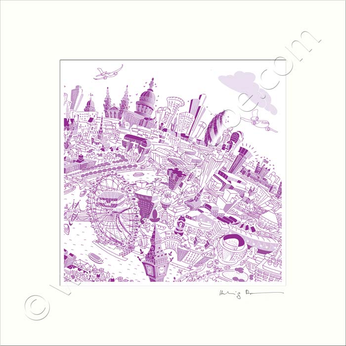 Square Mounted Art Print - London Skyline - Purple (Signed)