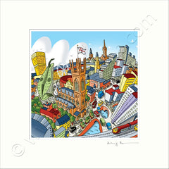 Square Mounted Art Print - Manchester Around The Cathedral - Full Colour (Signed)