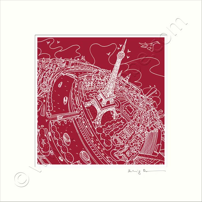 Square Mounted Art Print - Eiffel Tower - on Red (Signed)