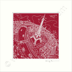 Square Mounted Art Print - Eiffel Tower - on Red (Signed)