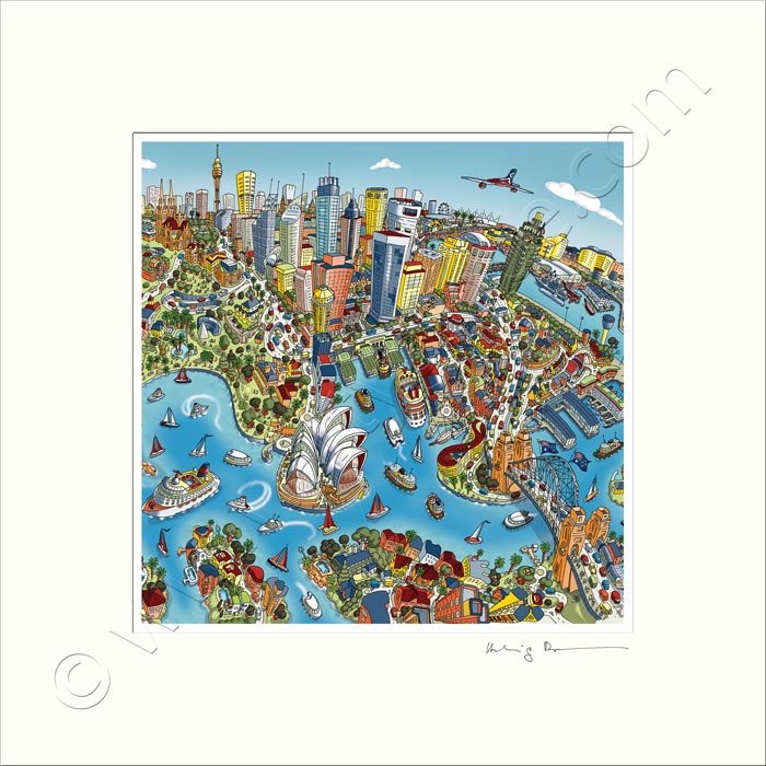 Square Mounted Art Print - Sydney Looking South - Full Colours (Signed)
