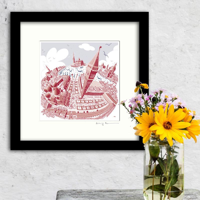 Square Mounted Art Print - Venice - Red & Blue (Signed)